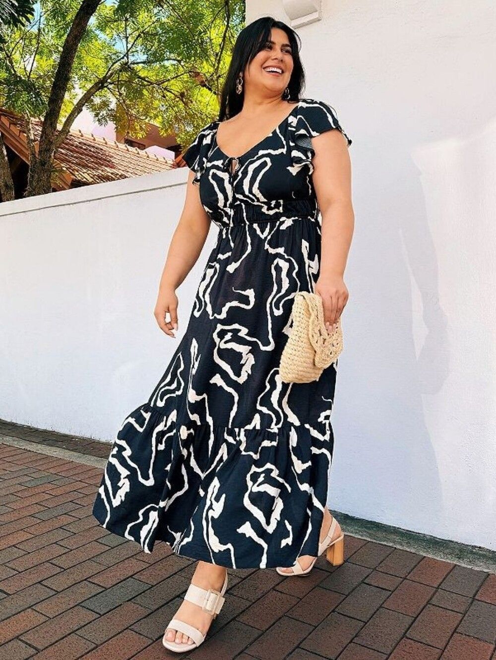 Nine West Black White Abstract Print Flutter Sleeve Tiered Maxi Dress Plus Size